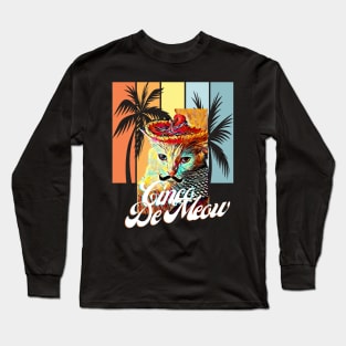 Cinco De Meow (cat in sombrero, mustache, palm trees) Long Sleeve T-Shirt